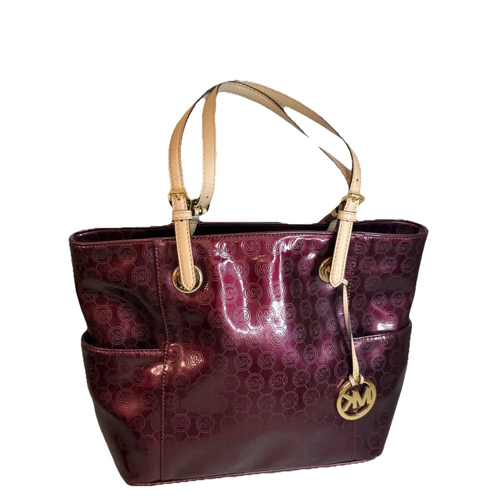 Michael Kors Large Zippered Bag Maroon Burgendy Circle MK Logo Tan Handles